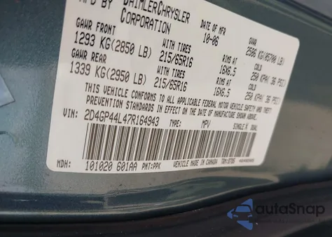 2007 Dodge Grand Caravan Sxt z USA, uszkodzony, nr VIN 2D4GP44L47R164943